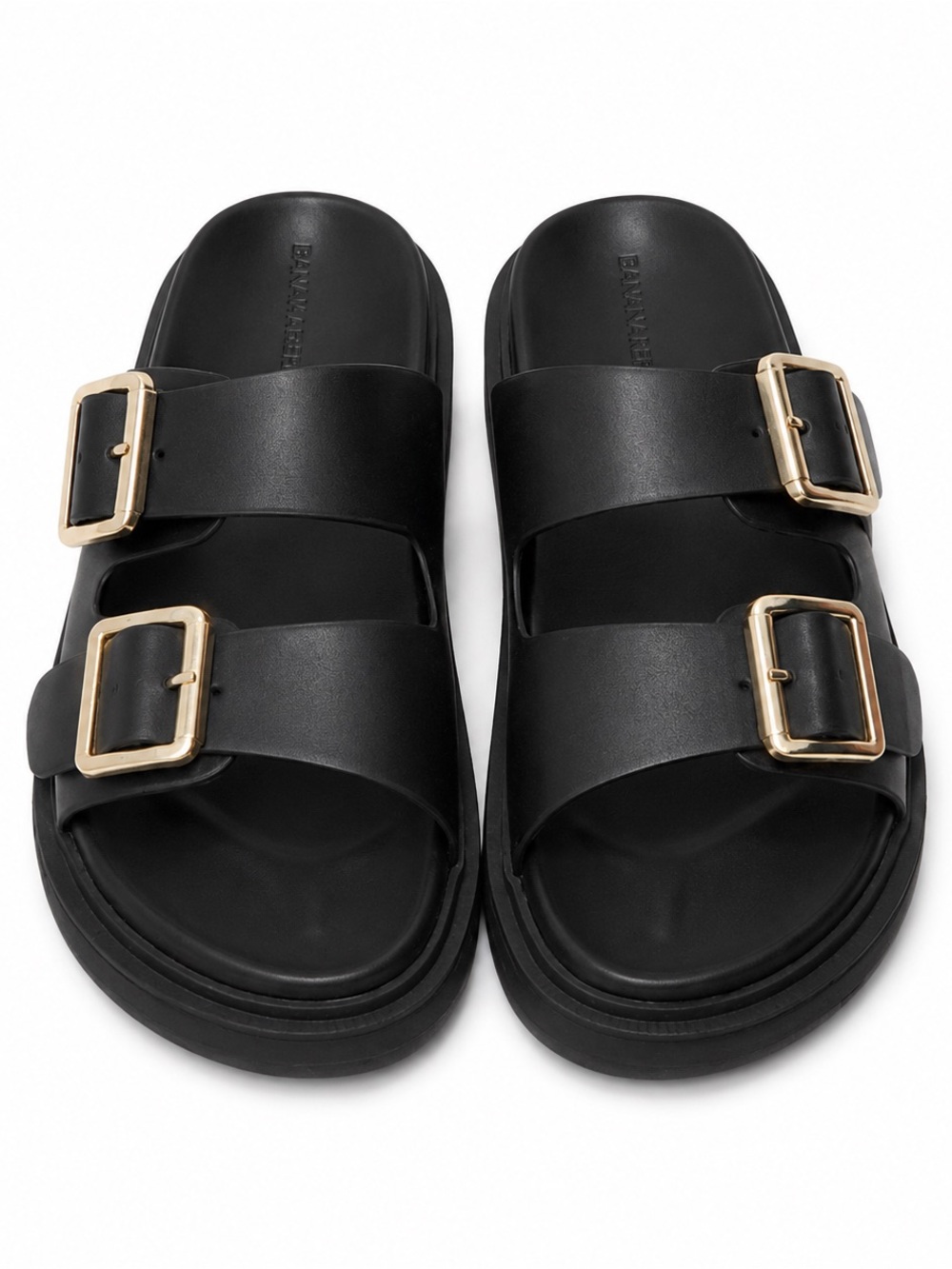 Banana Republic NWT Leather Double Strap Slide Sandals Black Gold Size 7.5